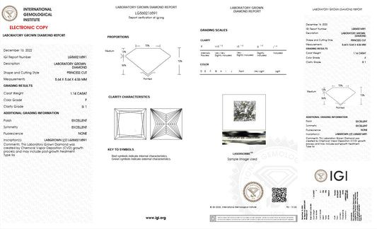 1.14CT SI1 F 560216591 Princess Cut Lab Grown Diamond
