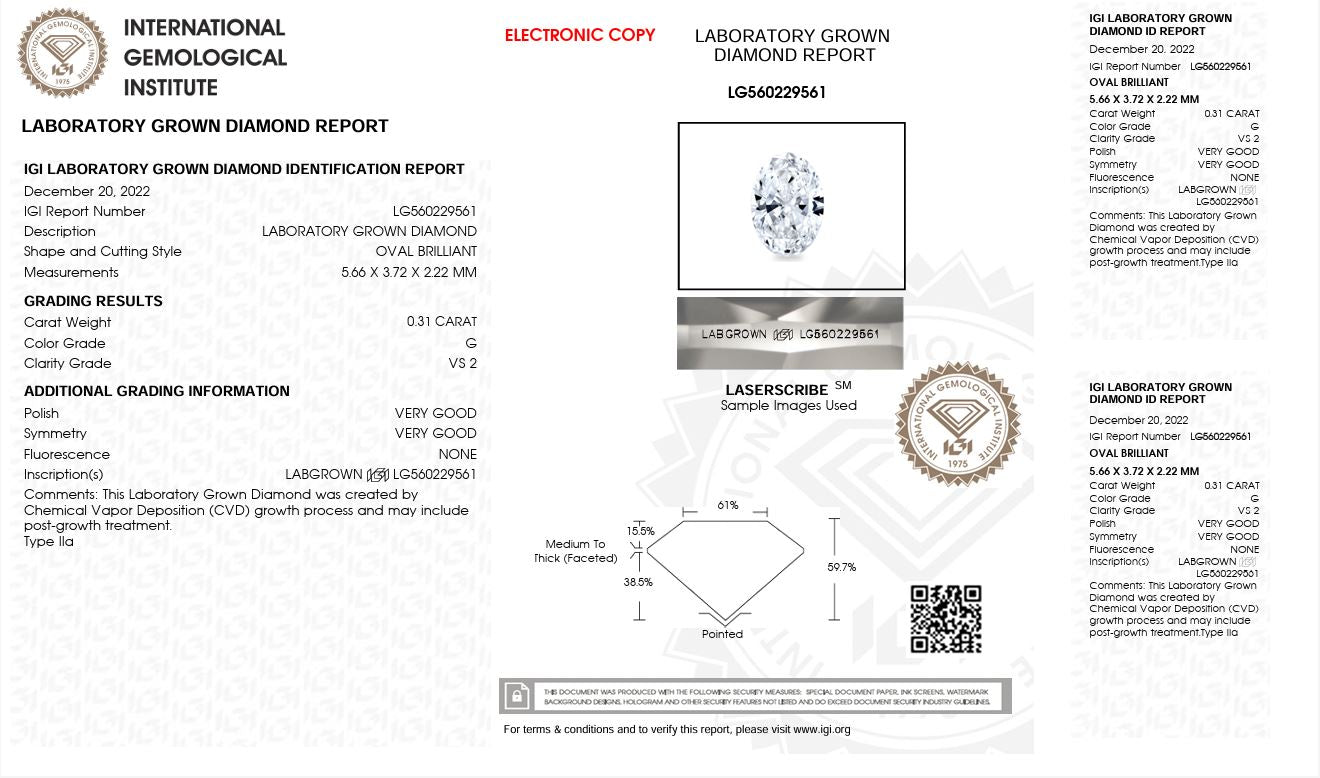 0.31CT VS2 G 560229561 Oval Cut Lab Grown Diamond