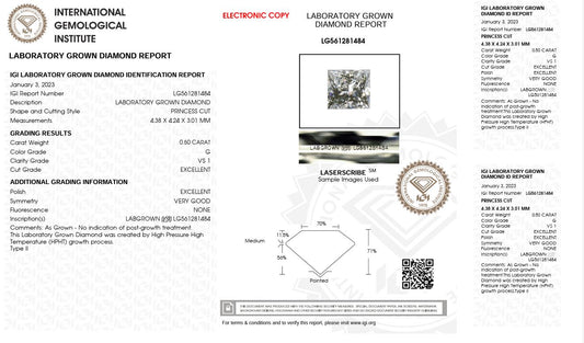 0.50CT VS1 G 561281484 Princess Cut Lab Grown Diamond