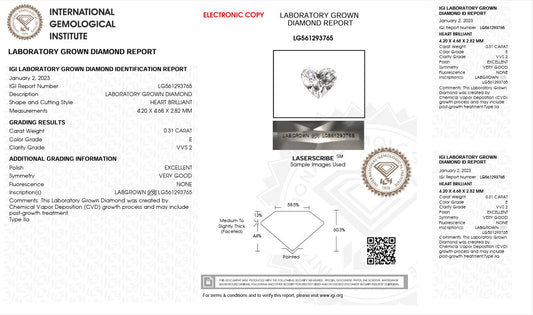 0.31CT VVS2 E 561293765 Heart Cut Lab Grown Diamond