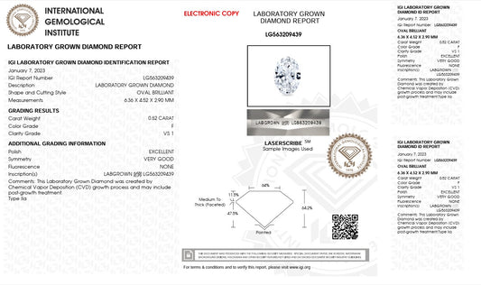 0.52CT VS1 F 563209439 Oval Cut Lab Grown Diamond