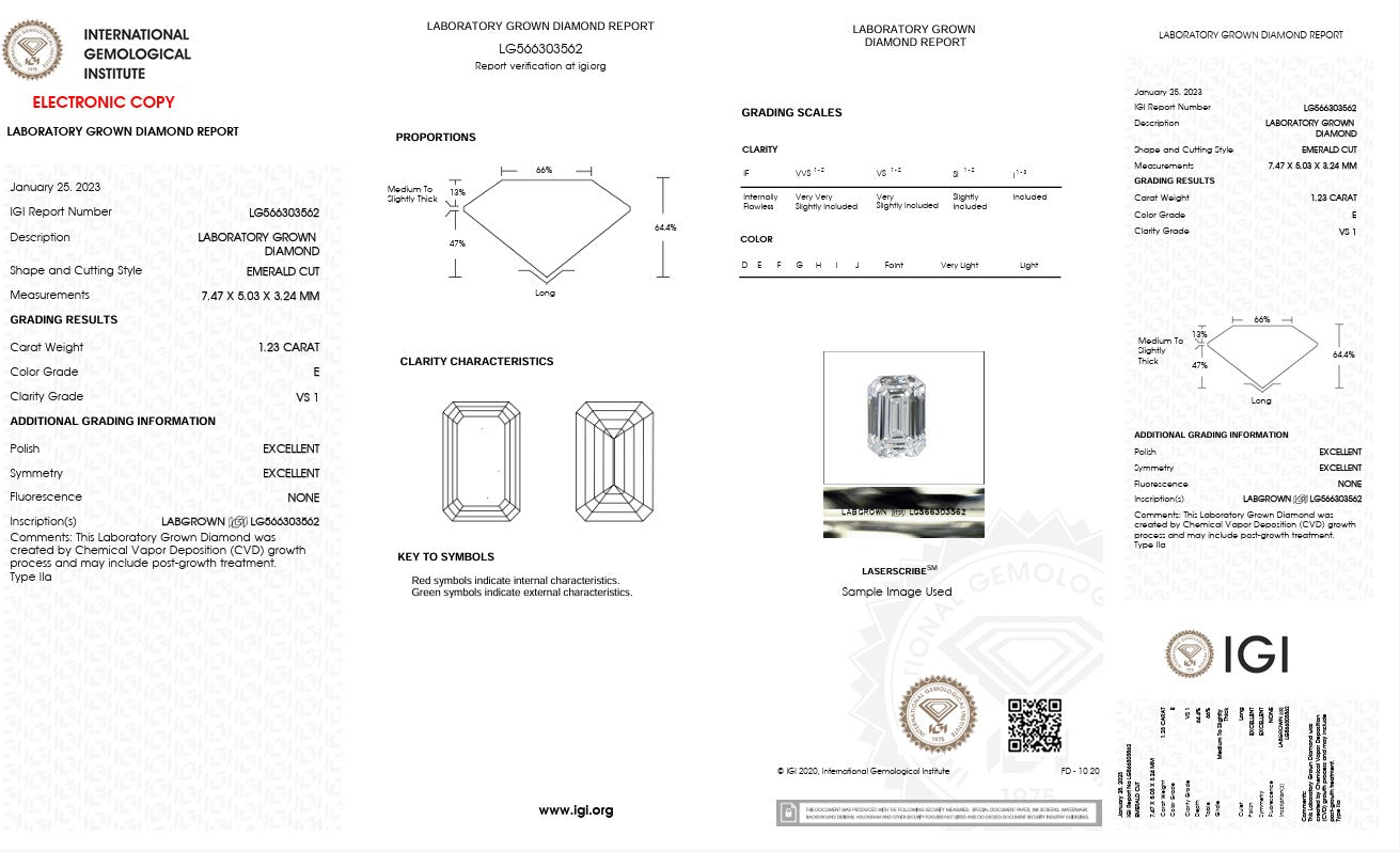 1.23CT VS1 D 566303562 Emerald Cut Lab Grown Diamond