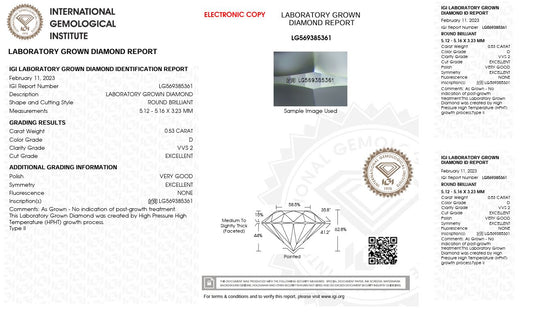 0.53CT VVS2 D 569385361 Round Cut Lab Grown Diamond