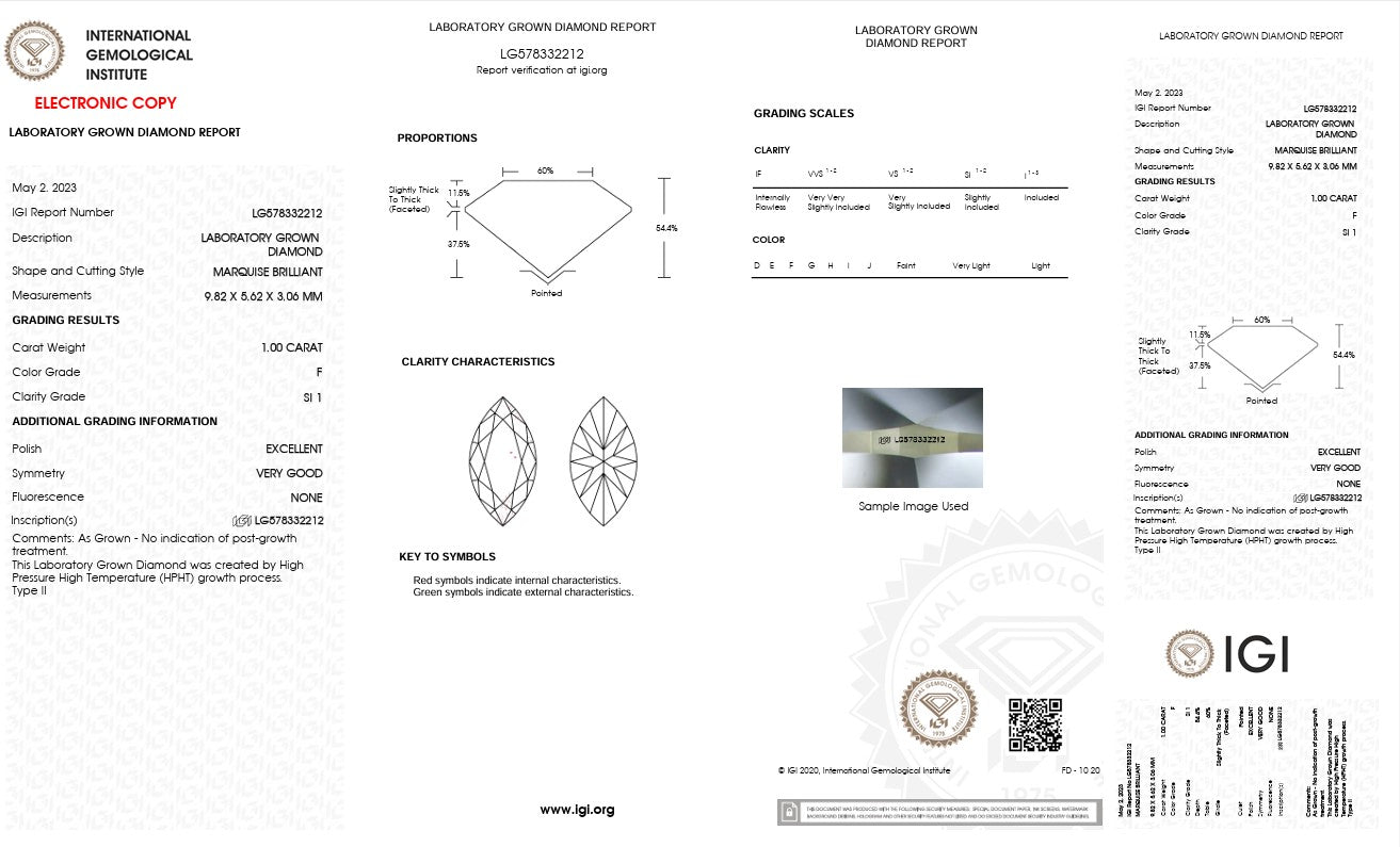 1.0CT SI1 F 578332212 Marquise Cut Lab Grown Diamond