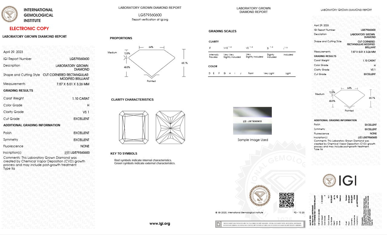 1.10ct VS1 H 579360600 Radiant Cut Lab Grown Diamond
