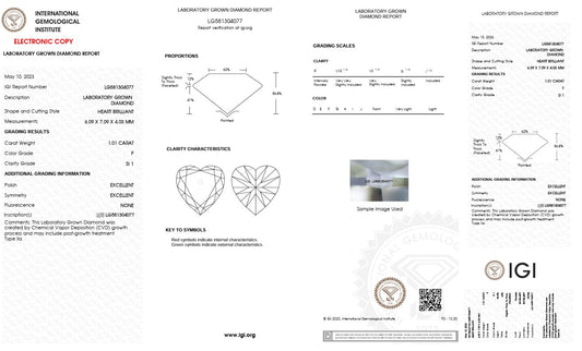 1.01CT SI1 F 581304077 Heart Cut Lab Grown Diamond