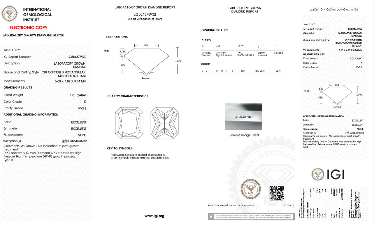 1.01CT VVS2 D 584378932 Radiant Cut Lab Grown Diamond