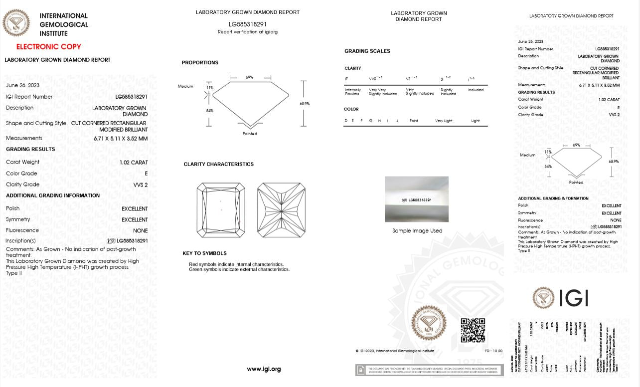 1.02CT VVS2 E 585318291 Radiant Cut Lab Grown Diamond