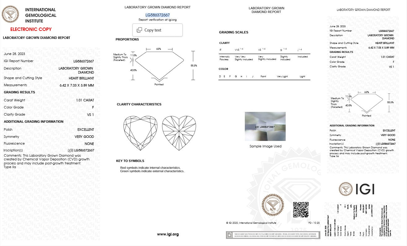 1.01CT VS1 F 586372667 Heart Cut Lab Grown Diamond