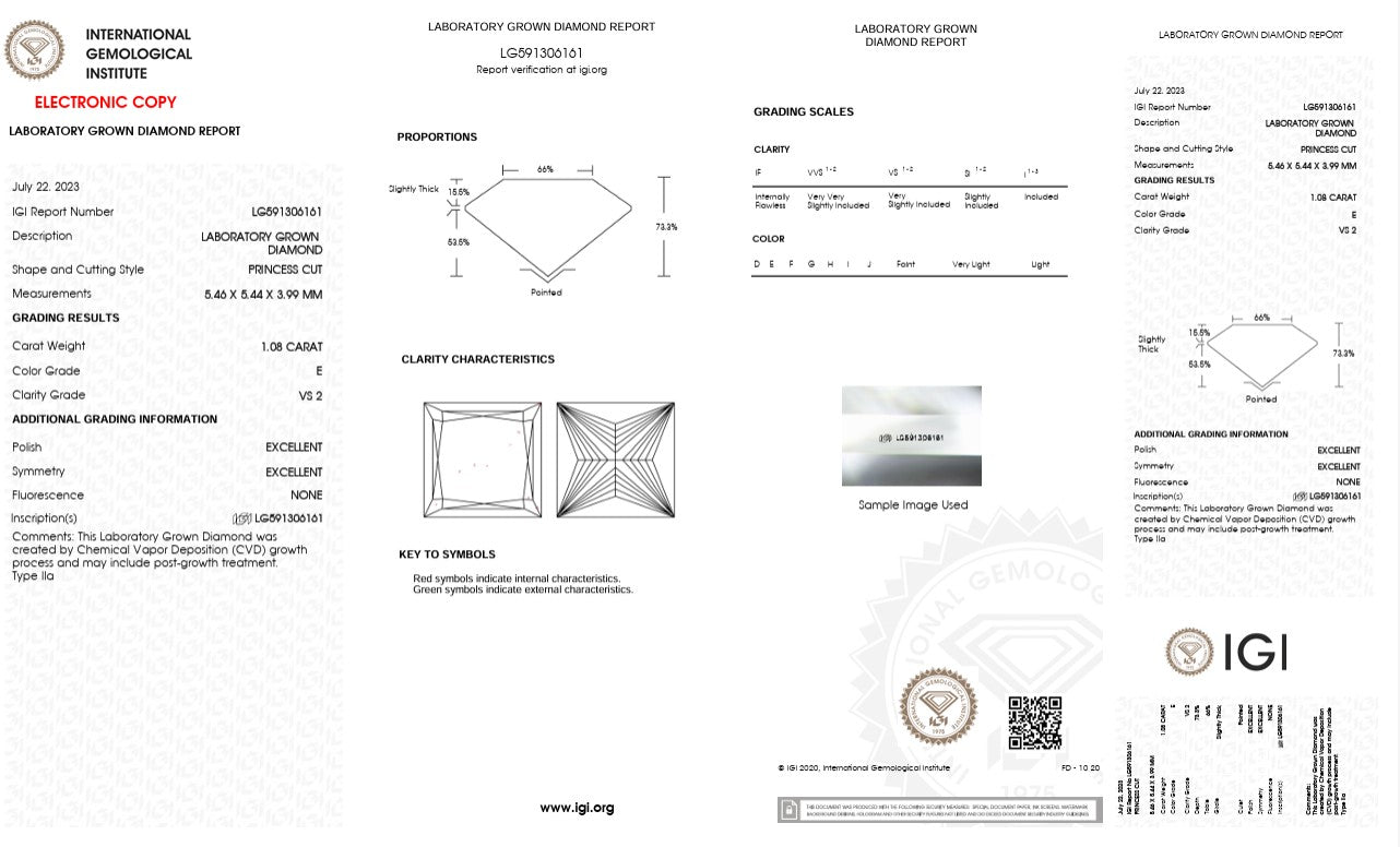 1.08CT VS2 E 591306161 Princess Cut Lab Grown Diamond