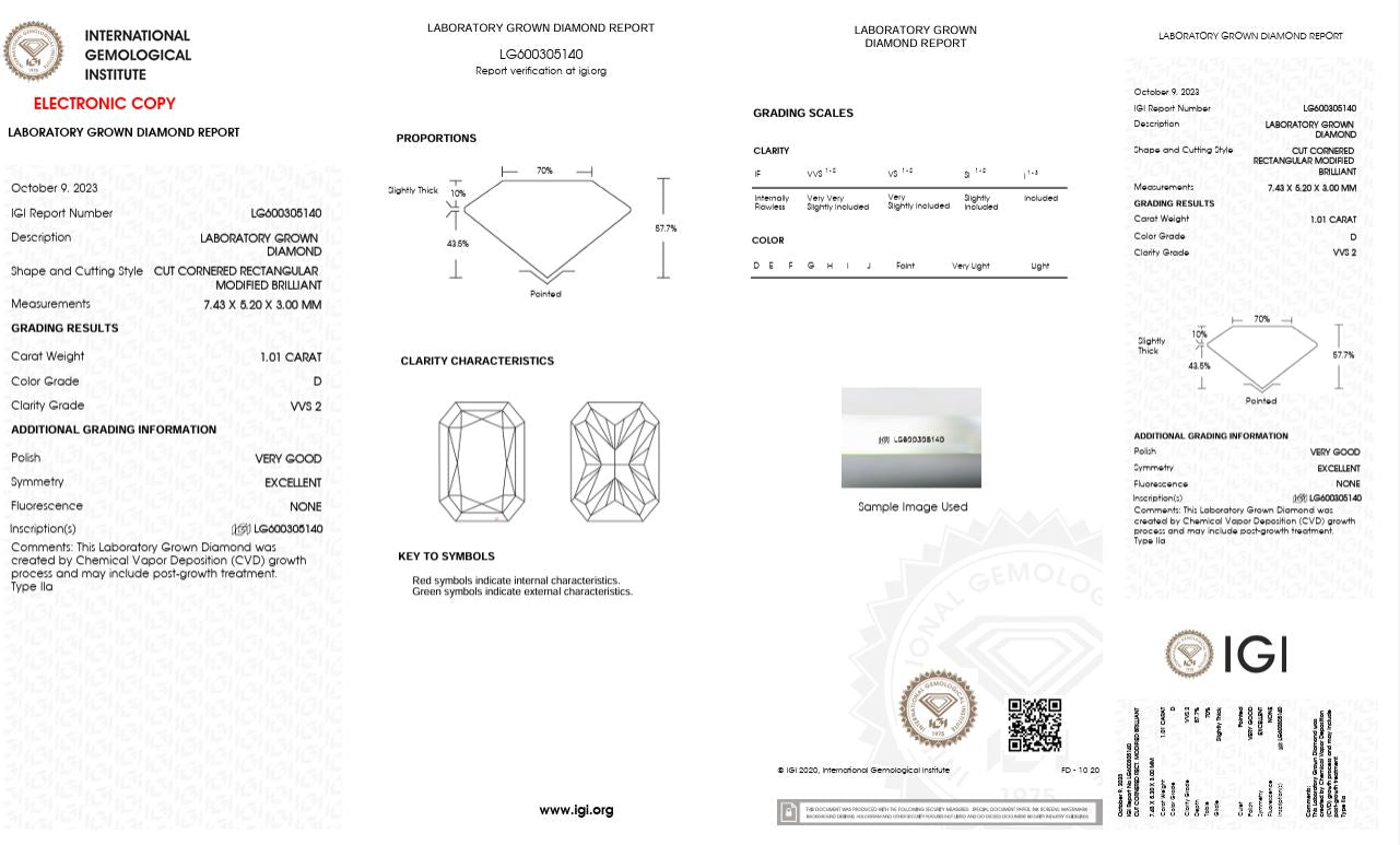 1.01CT VVS2 D 600305140 Radiant Cut Lab Grown Diamond