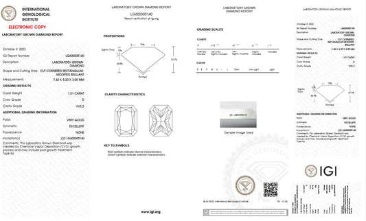 1.01CT VVS2 D 600305140 Radiant Cut Lab Grown Diamond