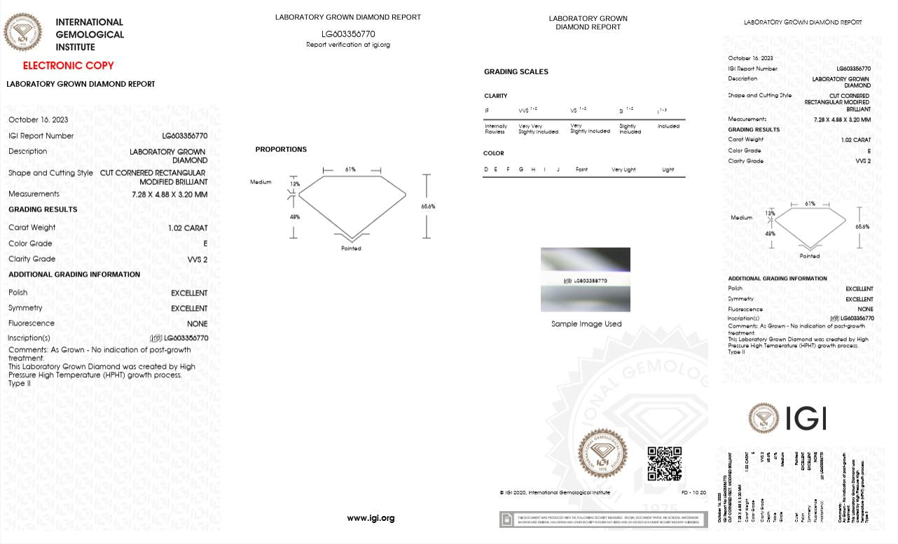 1.02CT VVS2 E 603356770 Radiant Cut Lab Grown Diamond