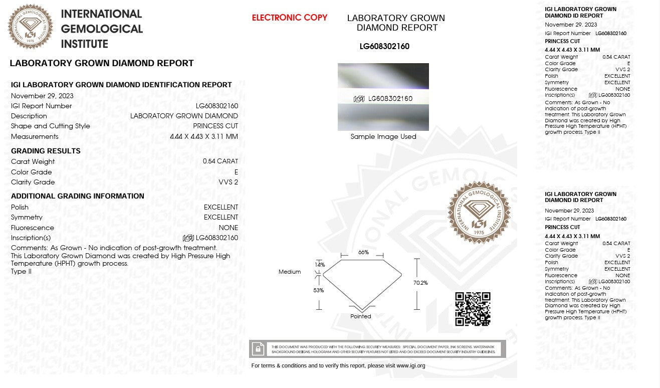 0.54CT VVS2 E 608302160 Princess Cut Lab Grown Diamond