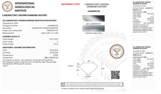 0.54CT VVS2 E 608302160 Princess Cut Lab Grown Diamond