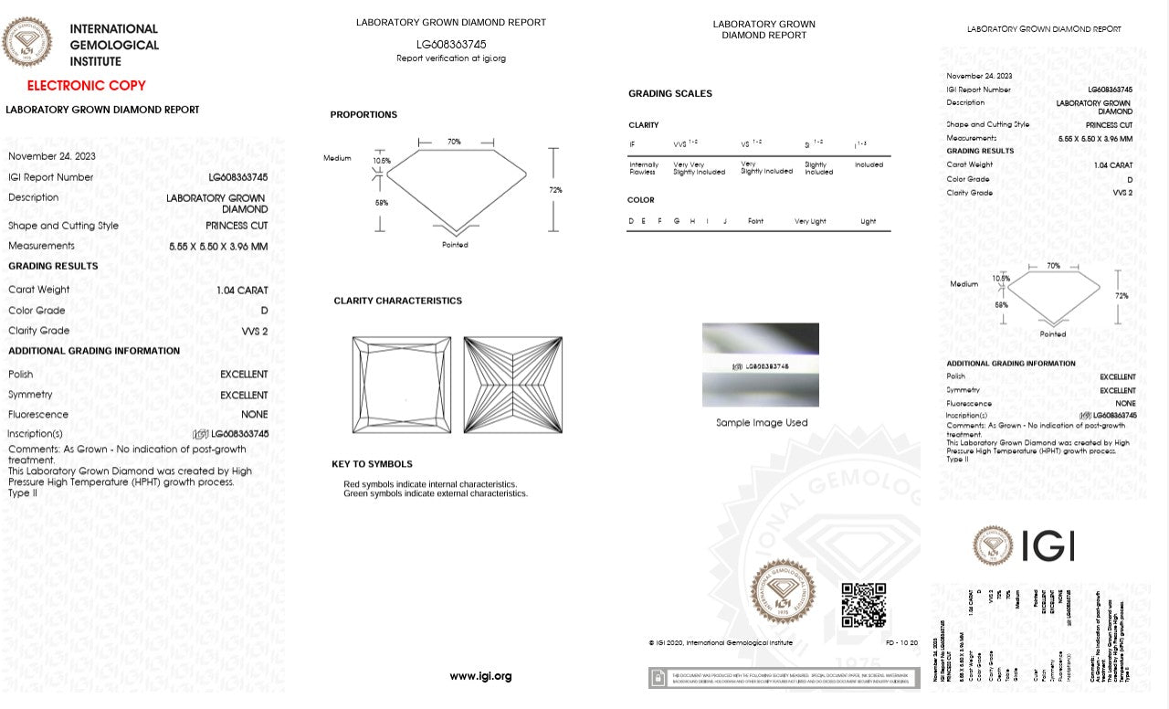 1.04CT VVS2 D 608363745 Princess Cut Lab Grown Diamond
