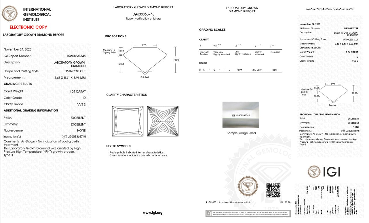 1.04CT VVS2 D 608363748 Princess Cut Lab Grown Diamond