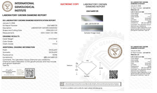 0.73CT VVS2 E 616405125 Princess Cut Lab Grown Diamond