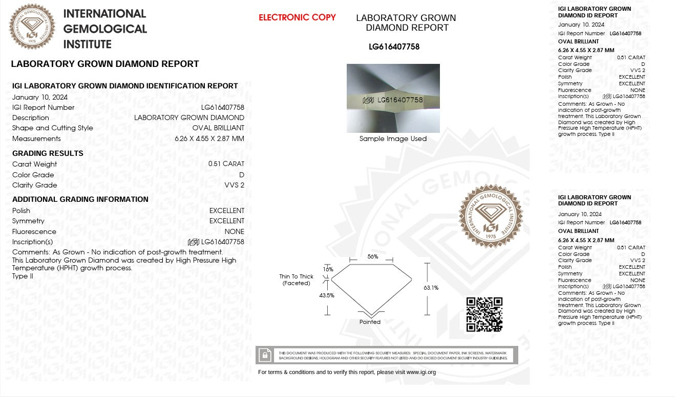 0.51CT VVS2 D 616407758 Oval Cut Lab Grown Diamond