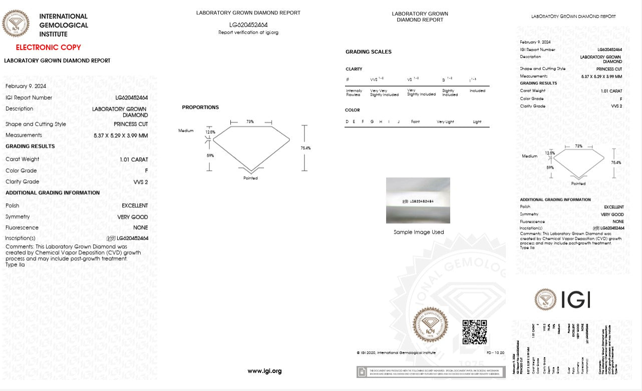 1.01CT VVS2 F 620452464 Princess Cut Lab Grown Diamond