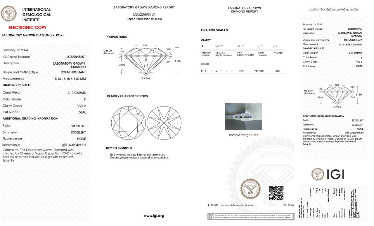 2.10CT VVS2 E 620498701 Round Cut Lab Grown Diamond