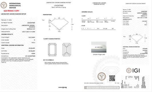 1.0CT VVS2 D 622479465 Emerald Cut Lab Grown Diamond