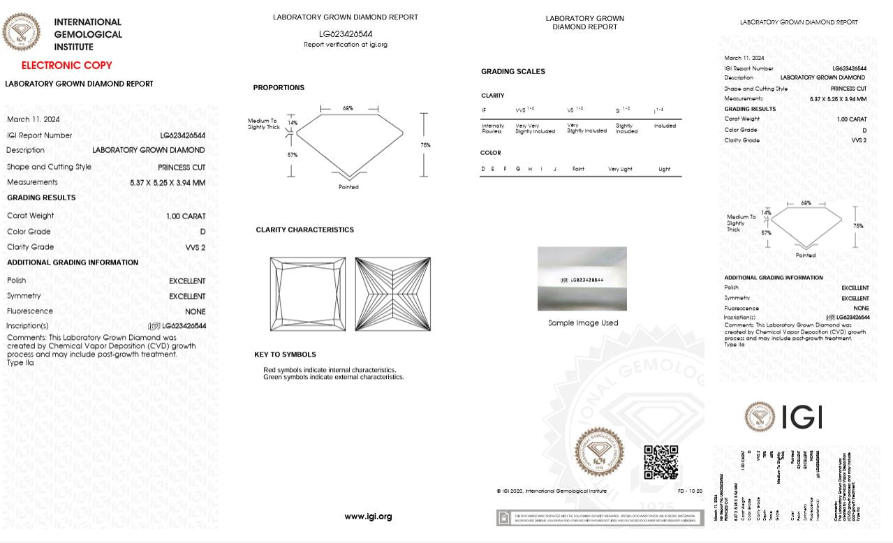1CT VVS2 D 623426544 Princess Cut Lab Grown Diamond