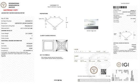 2.01CT VS1 F 636466114 Princess Cut Lab Grown Diamond