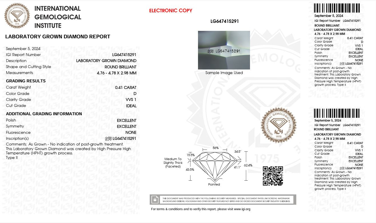 0.41CT VVS1 D 647415291 Round Cut Lab Grown Diamond
