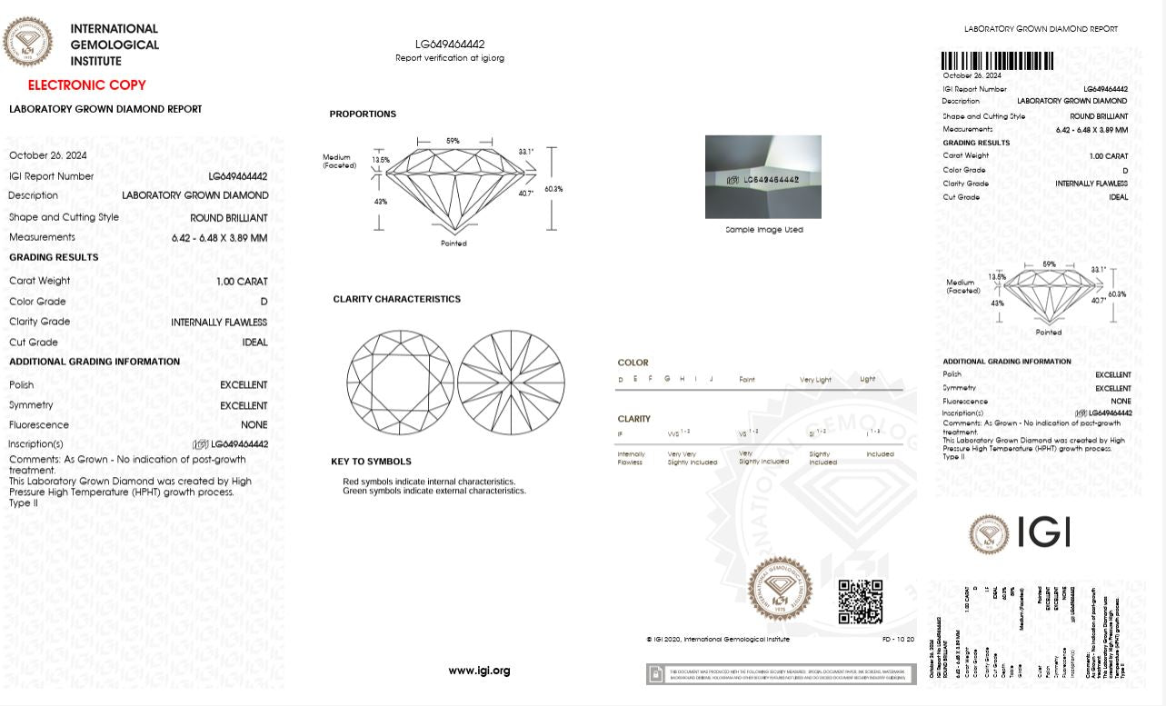1.0CT IF D 649464442 Round Cut Lab Grown Diamond