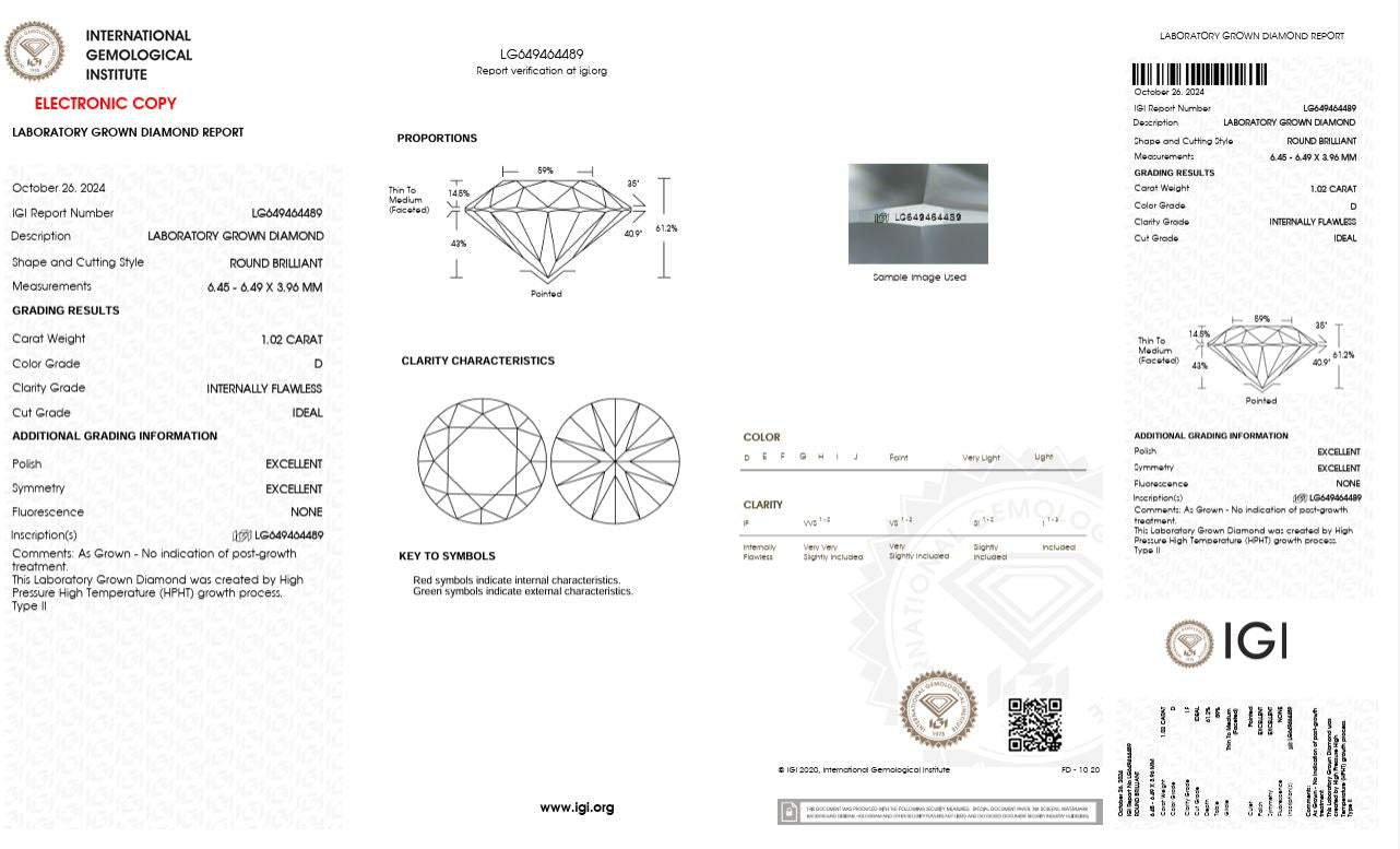 1.02CT IF D 649464489 Round Cut Lab Grown Diamond