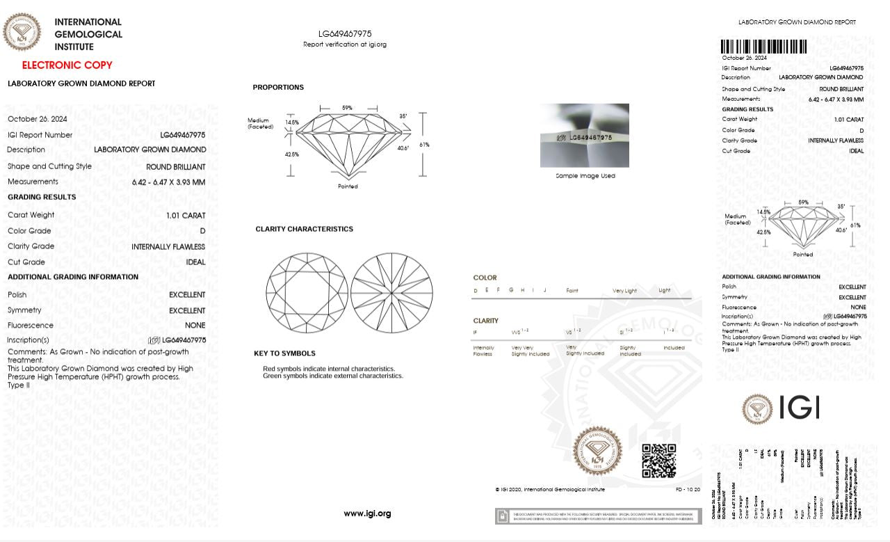 1.01CT IF D 649467975 Round Cut Lab Grown Diamond