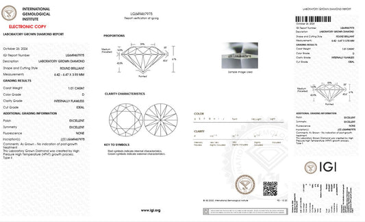 1.01CT IF D 649467975 Round Cut Lab Grown Diamond