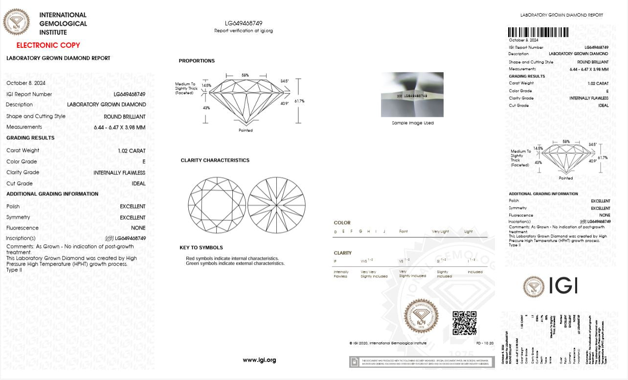 1.02CT IF D 649468749 Round Cut Lab Grown Diamond