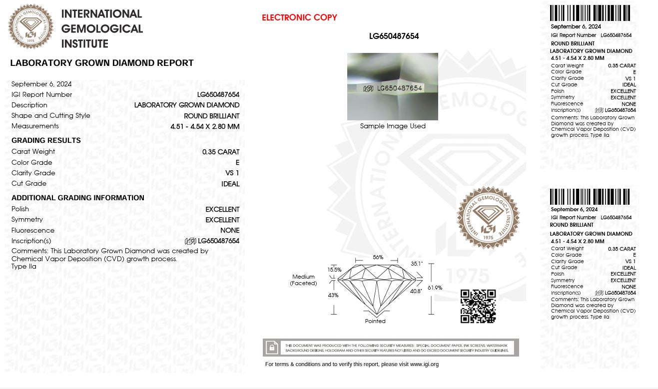 0.35ct VS1 E 650487654 Round Cut Lab Grown Diamond