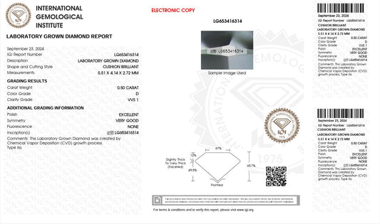 0.50ct VVS1 D 653416314 Cushion Cut Lab Grown Diamond