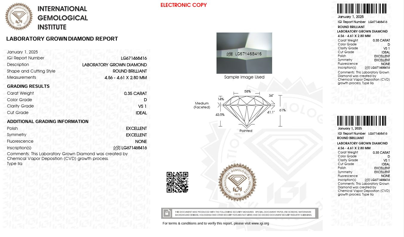 0.35ct VS1 D 671468416 Round Cut Lab Grown Diamond