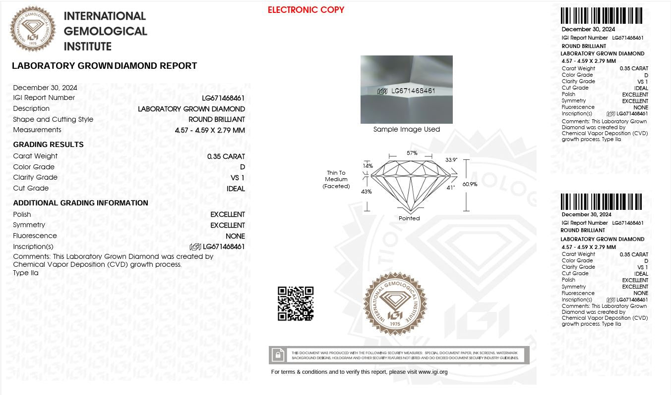 0.35ct VS1 D 671468461 Round Cut Lab Grown Diamond