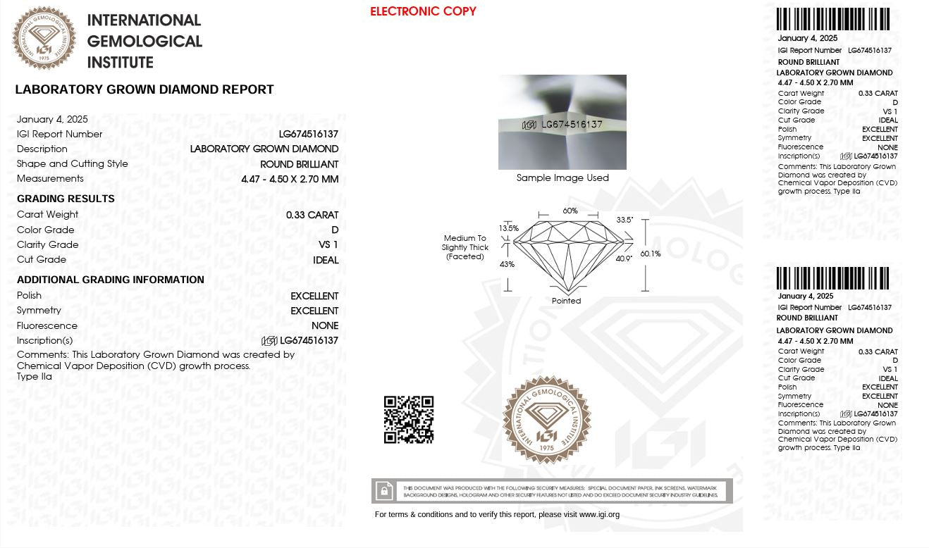 0.33ct VS1 D 674516137 Round Cut Lab Grown Diamond