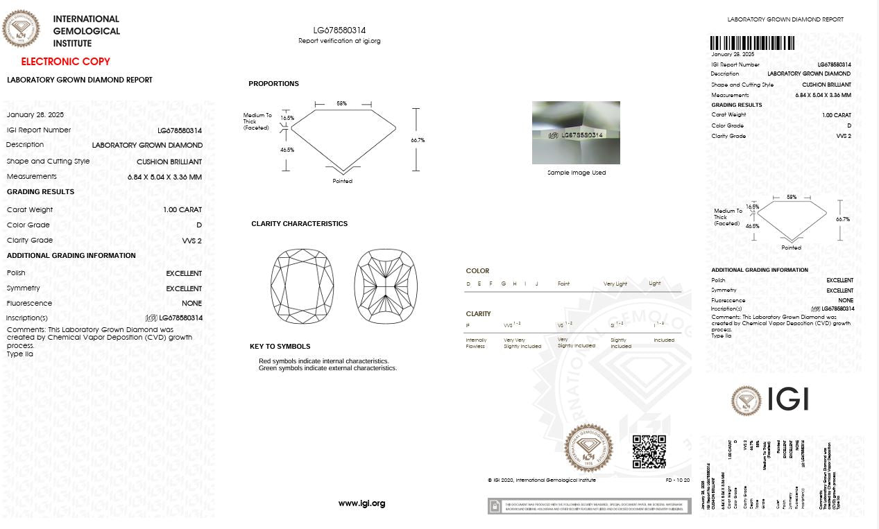 1.0CT VVS2 D 678580314 Cushion Cut Lab Grown Diamond