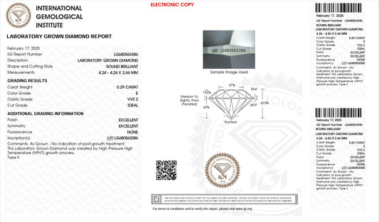 0.29CT VVS2 E 680563386 Round Cut Lab Grown Diamond