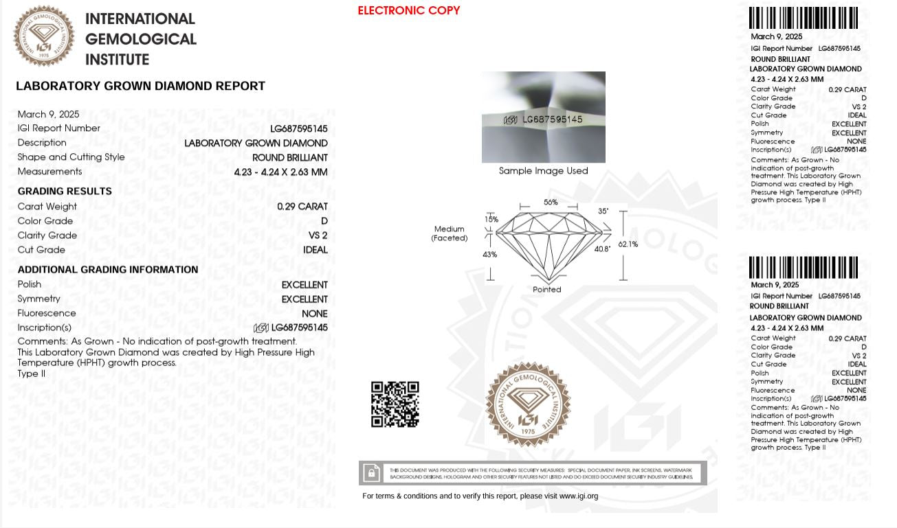 0.29CT VS2 D 687595145 Round Cut Lab Grown Diamond