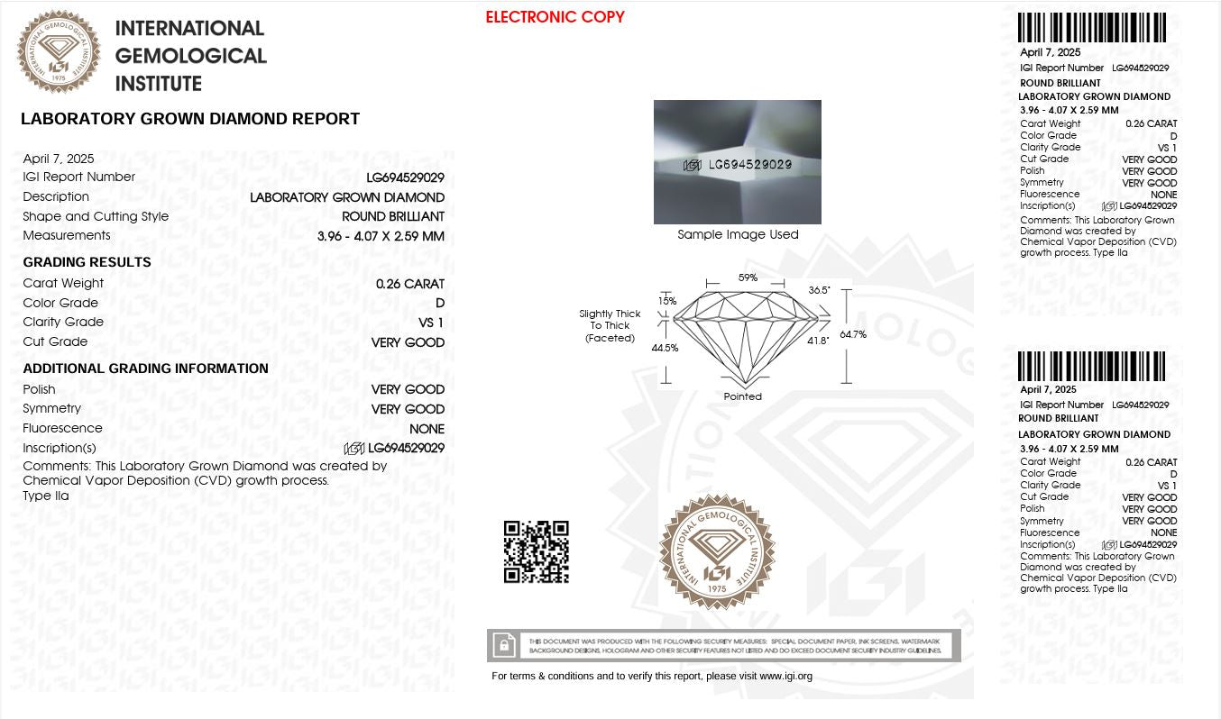 0.26CT VS1 D 694529029 Round Cut Lab Grown Diamond