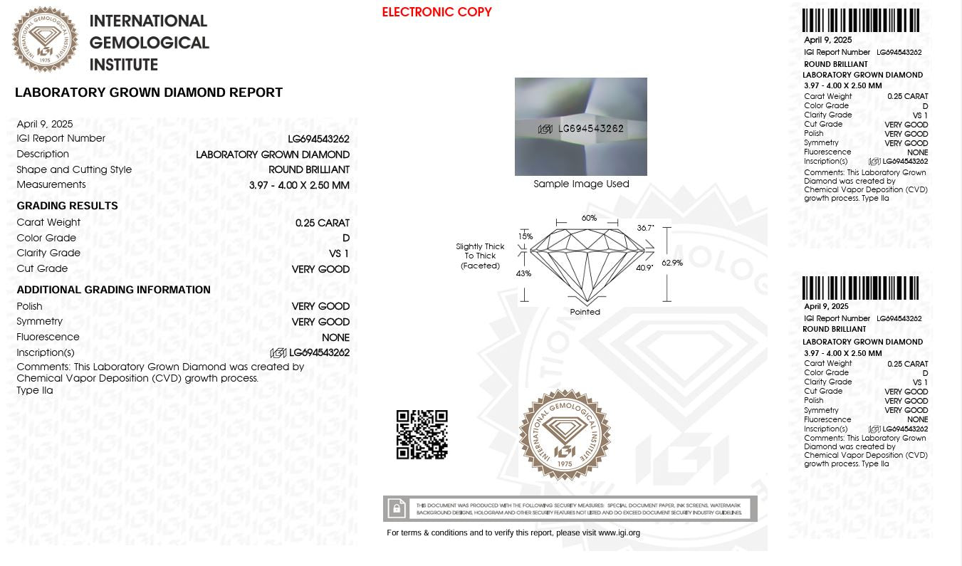 0.25CT VS1 D 694543262 Round Cut Lab Grown Diamond