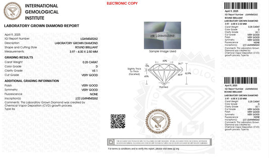 0.25CT VS1 D 694543262 Round Cut Lab Grown Diamond