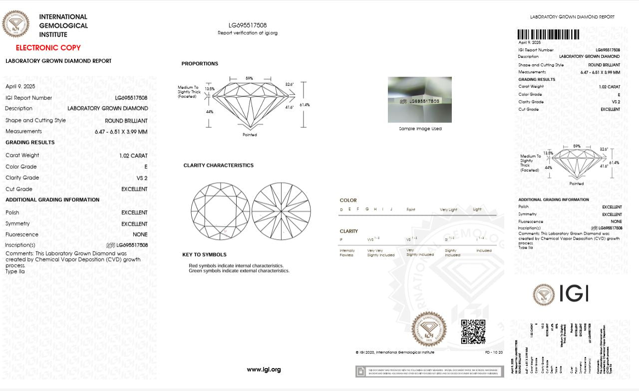 1.02CT VS2 E 695517508 Round Cut Lab Grown Diamond