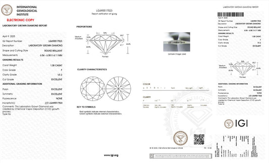 1.08CT VS2 F 695517523 Round Cut Lab Grown Diamond