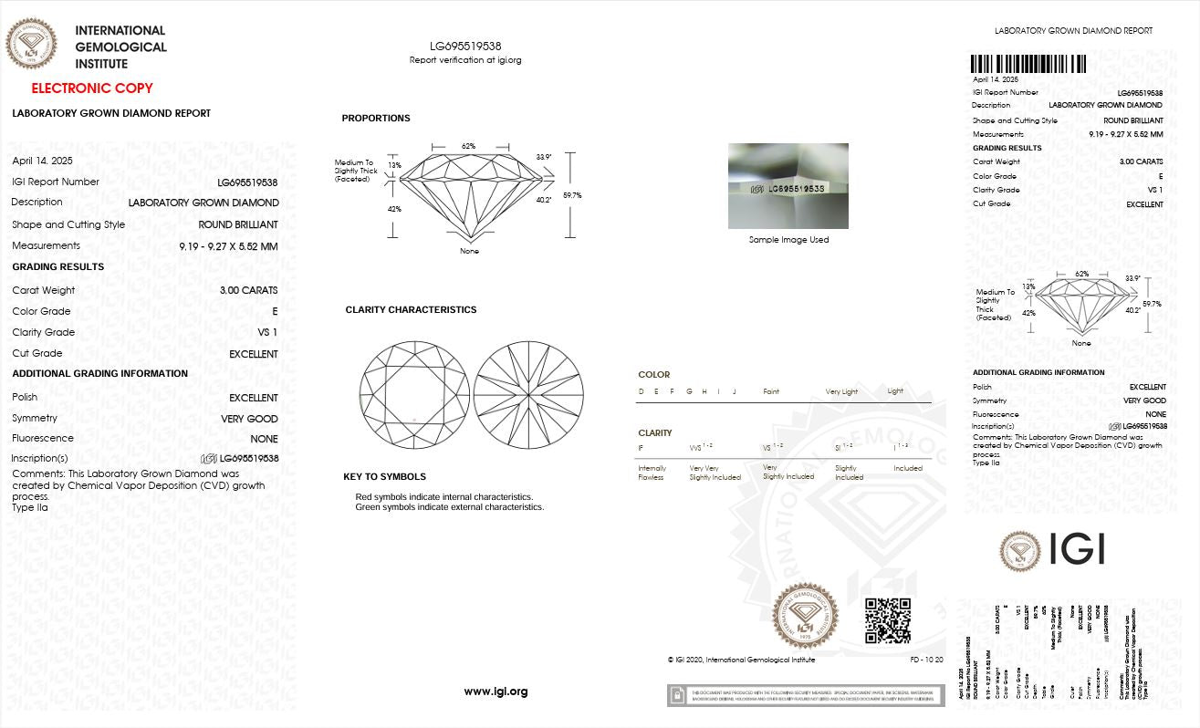 3ct VS1 E 695519538 Round Cut Lab Grown Diamond