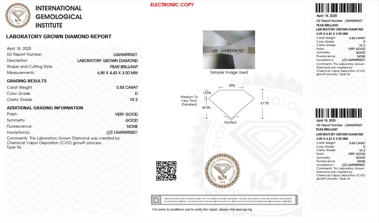 0.54CT VS2 D 696590621 Pear Cut Lab Grown Diamond