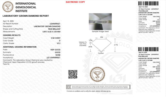 0.54CT VS2 D 696590621 Pear Cut Lab Grown Diamond